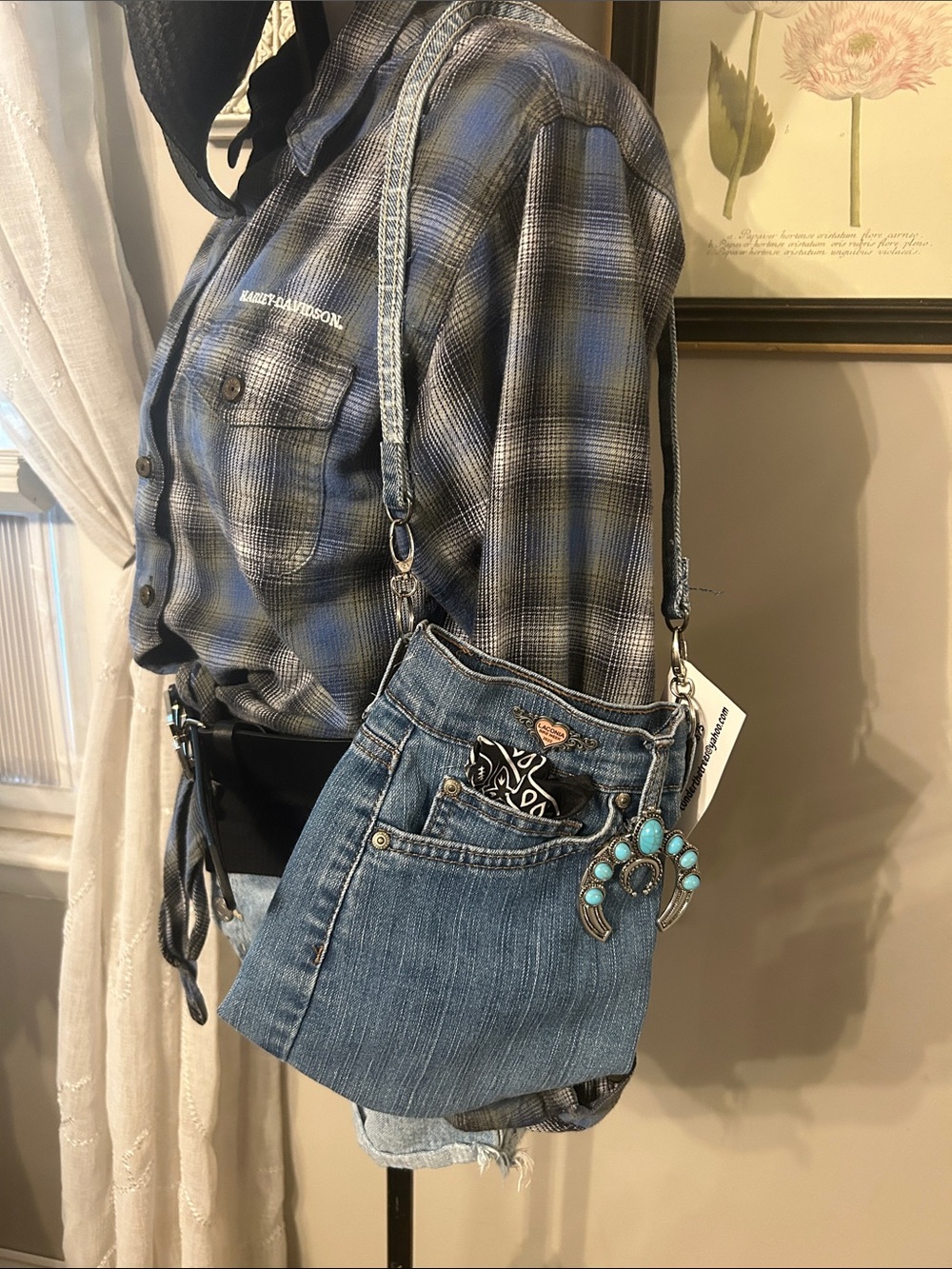 Reworked Harley-Davidson Blue Denim Mini Bag Patch & HD Rhinestone Pin